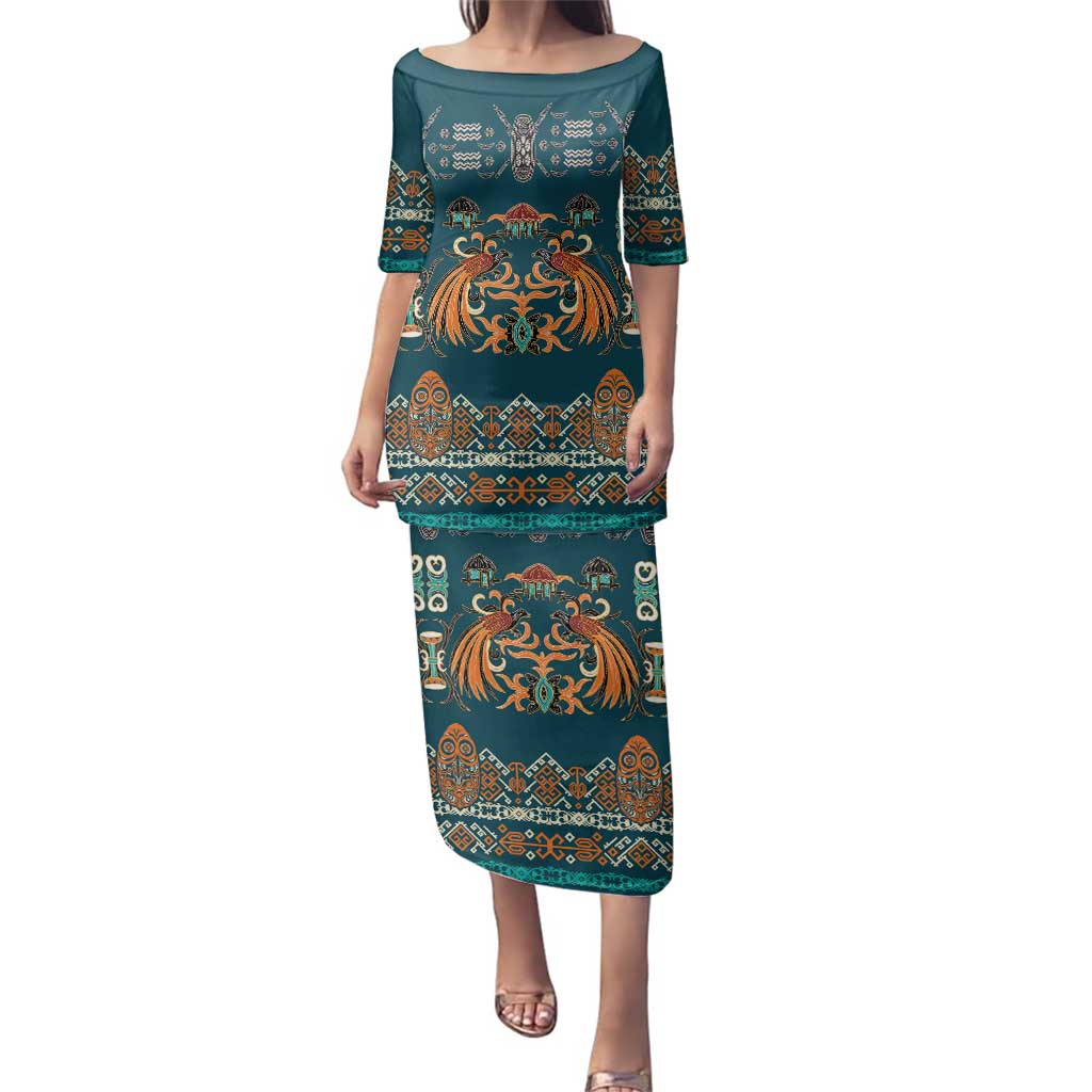 Dark Cyan Blue Batik Papua-inspired Pattern Family Matching Puletasi and Hawaiian Shirt - Polynesian Pride