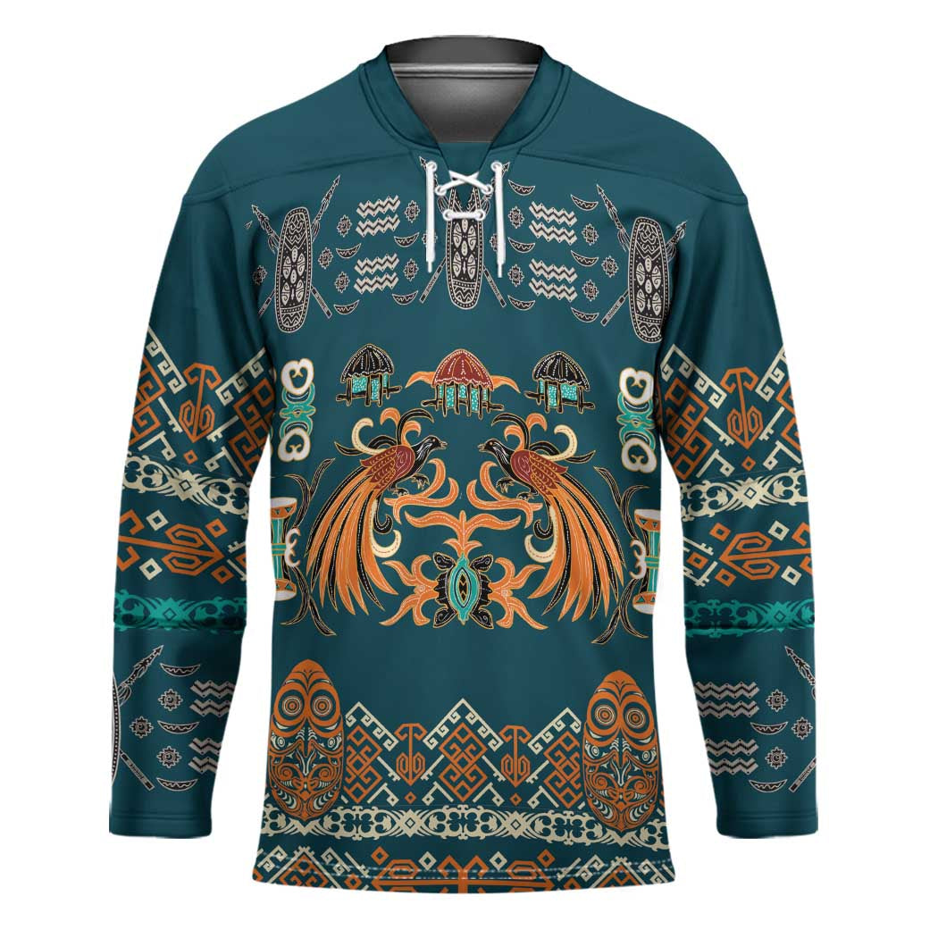 Dark Cyan Blue Batik Papua-inspired Pattern Hockey Jersey - Polynesian Pride