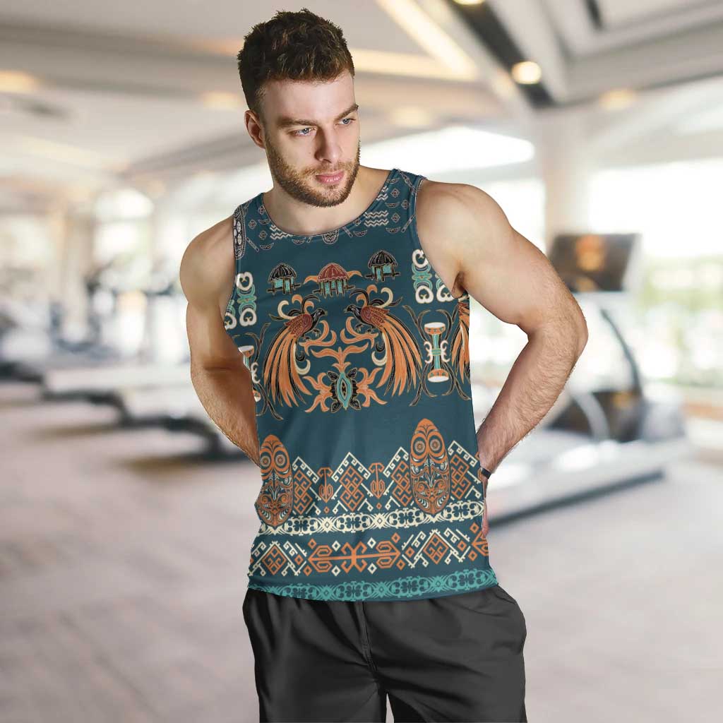 Dark Cyan Blue Batik Papua-inspired Pattern Men Tank Top - Polynesian Pride