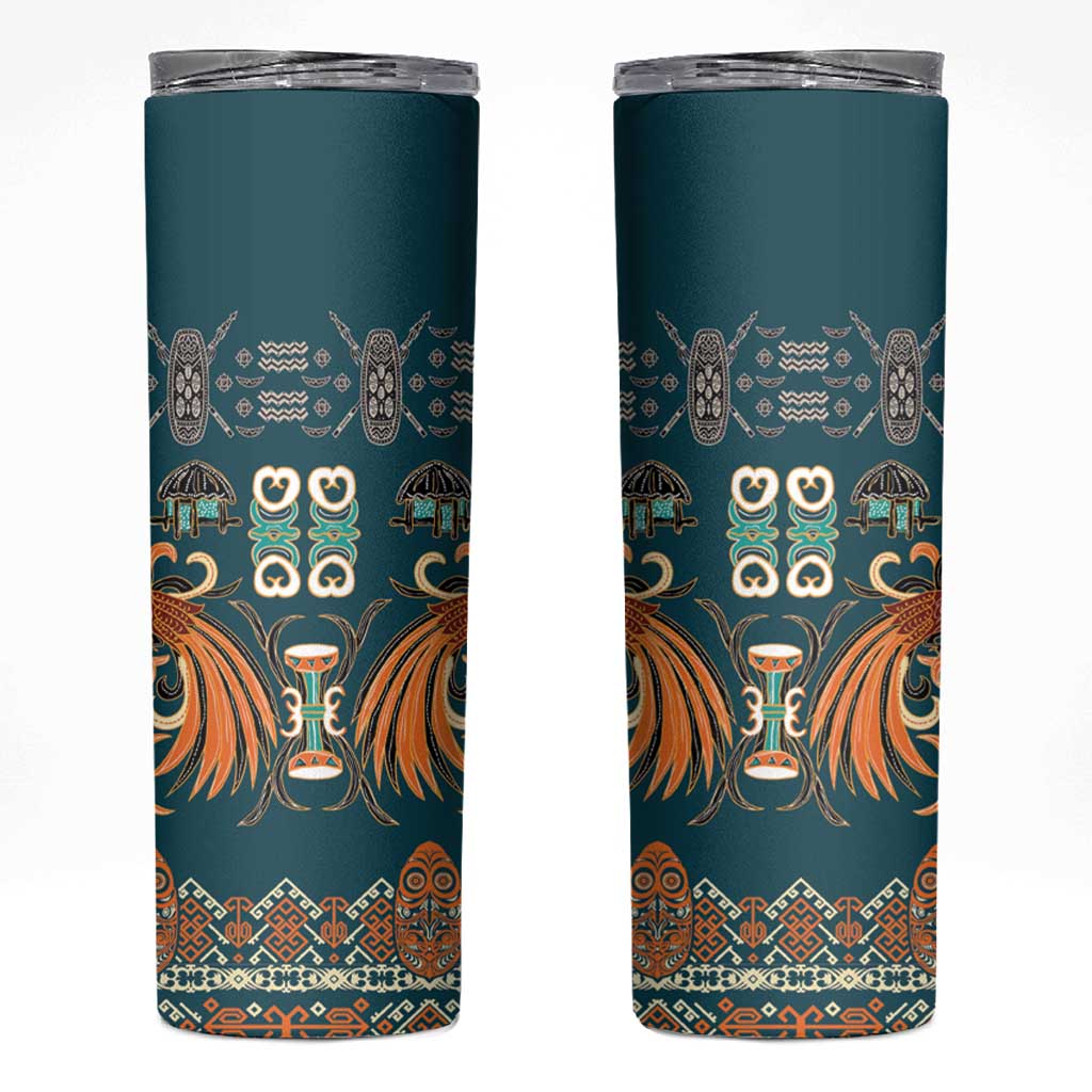 Dark Cyan Blue Batik Papua-inspired Pattern Skinny Tumbler LT9 Blue - Polynesian Pride