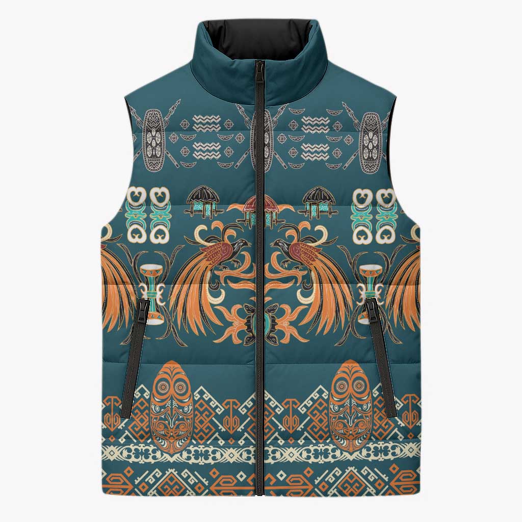 Dark Cyan Blue Batik Papua-inspired Pattern Sleeveless Puffer Jacket - Polynesian Pride