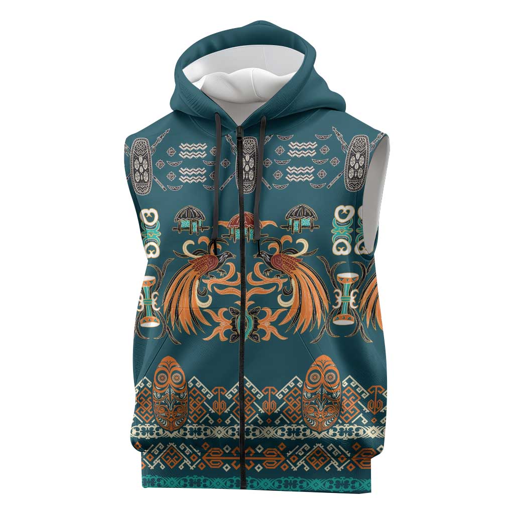 Dark Cyan Blue Batik Papua-inspired Pattern Sleeveless Zip Hoodie LT9 Blue - Polynesian Pride