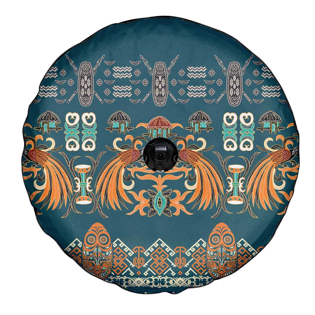 Dark Cyan Blue Batik Papua-inspired Pattern Spare Tire Cover - Polynesian Pride