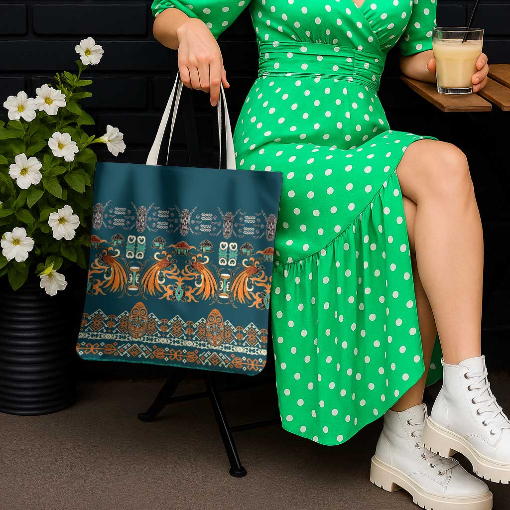 Dark Cyan Blue Batik Papua-inspired Pattern Tote Bag - Polynesian Pride