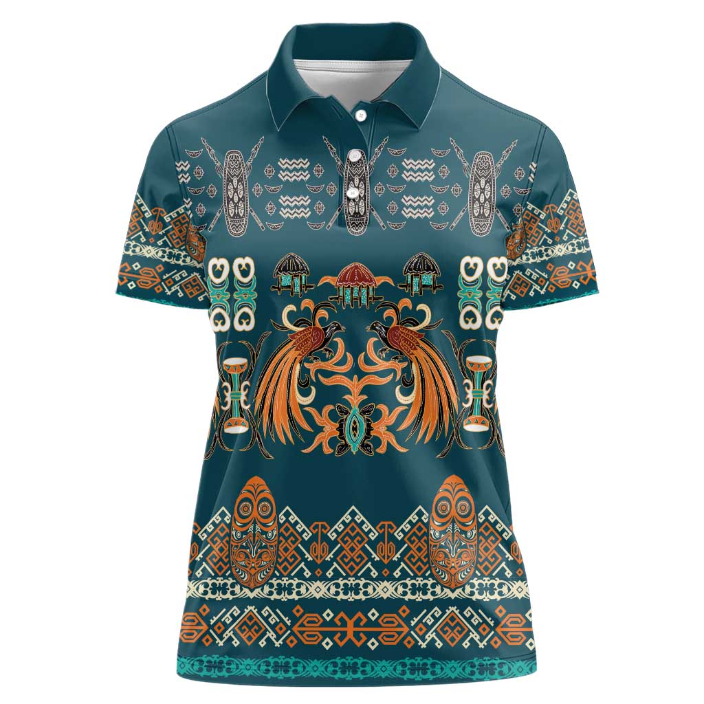 Dark Cyan Blue Batik Papua-inspired Pattern Women Polo Shirt LT9 Female Blue - Polynesian Pride