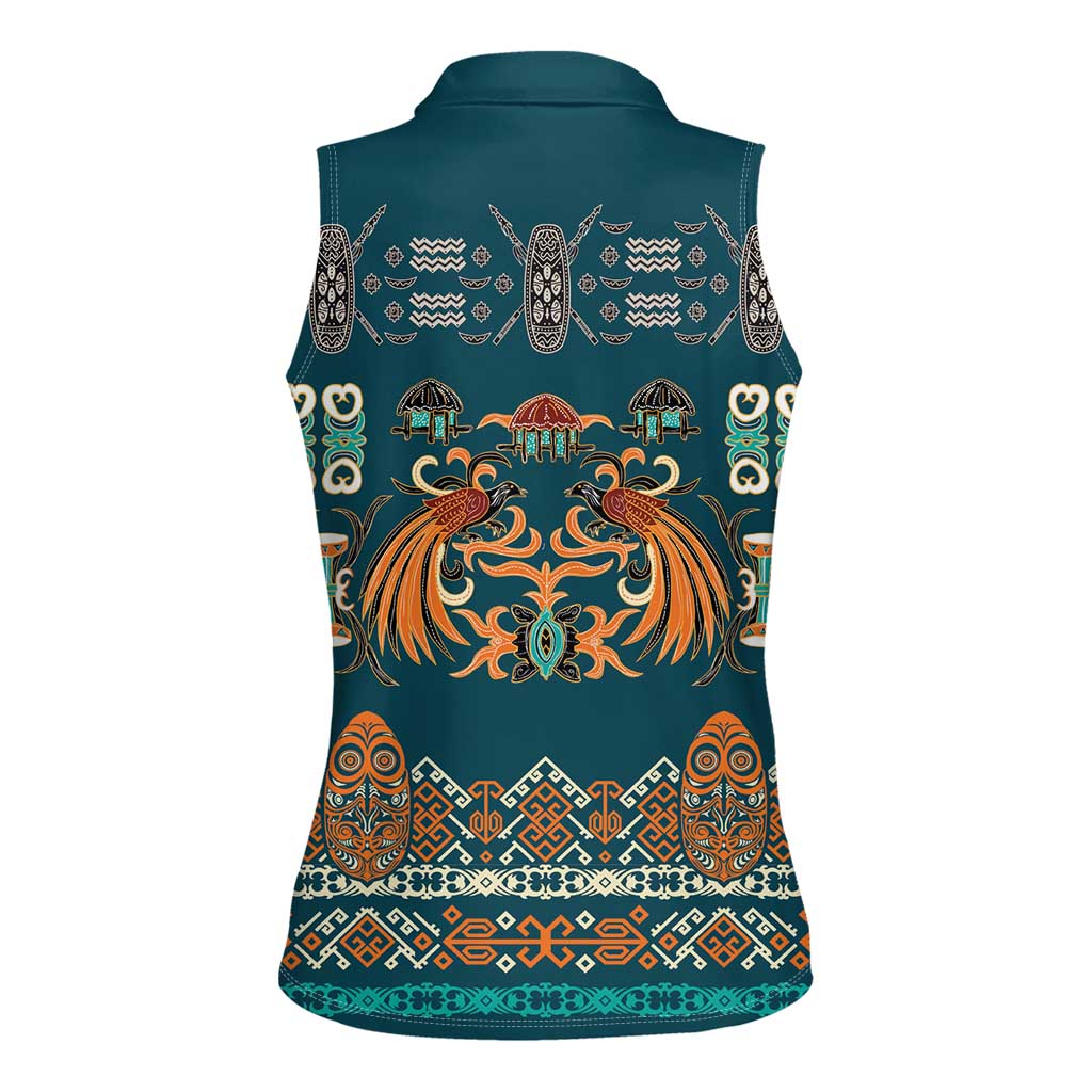 Dark Cyan Blue Batik Papua-inspired Pattern Women Sleeveless Polo Shirt - Polynesian Pride
