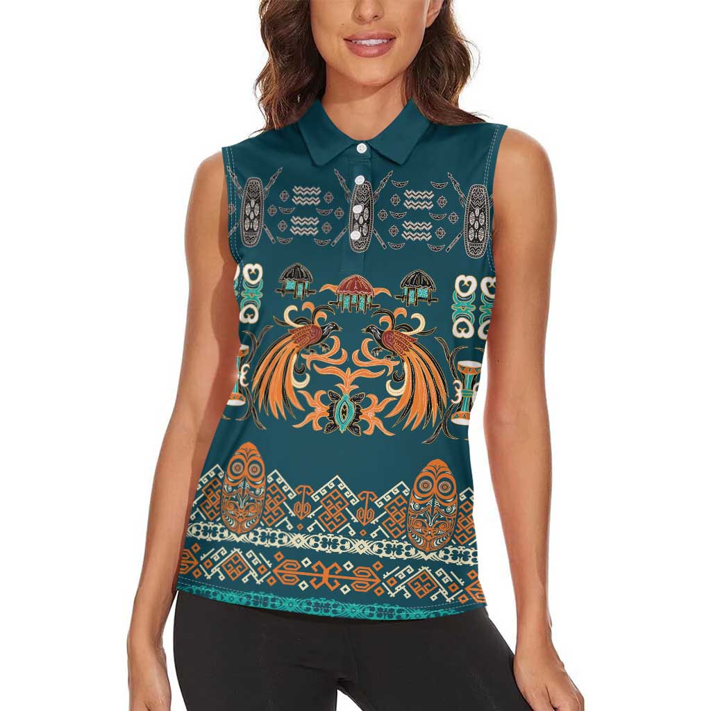 Dark Cyan Blue Batik Papua-inspired Pattern Women Sleeveless Polo Shirt - Polynesian Pride