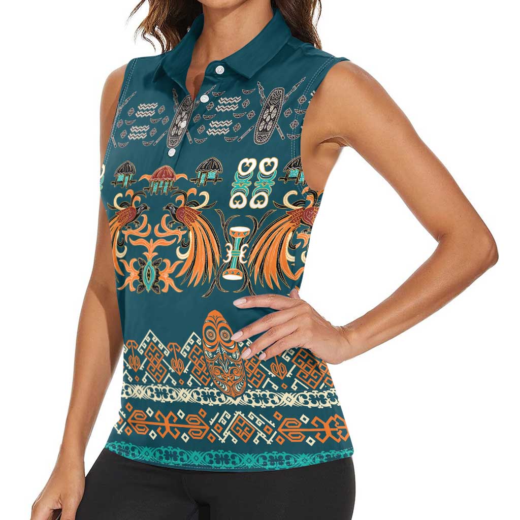 Dark Cyan Blue Batik Papua-inspired Pattern Women Sleeveless Polo Shirt - Polynesian Pride