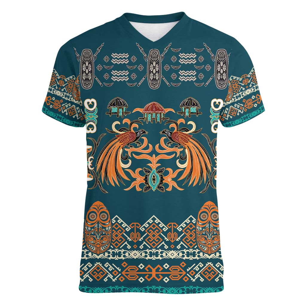 Dark Cyan Blue Batik Papua-inspired Pattern Women V-Neck T-Shirt - Polynesian Pride