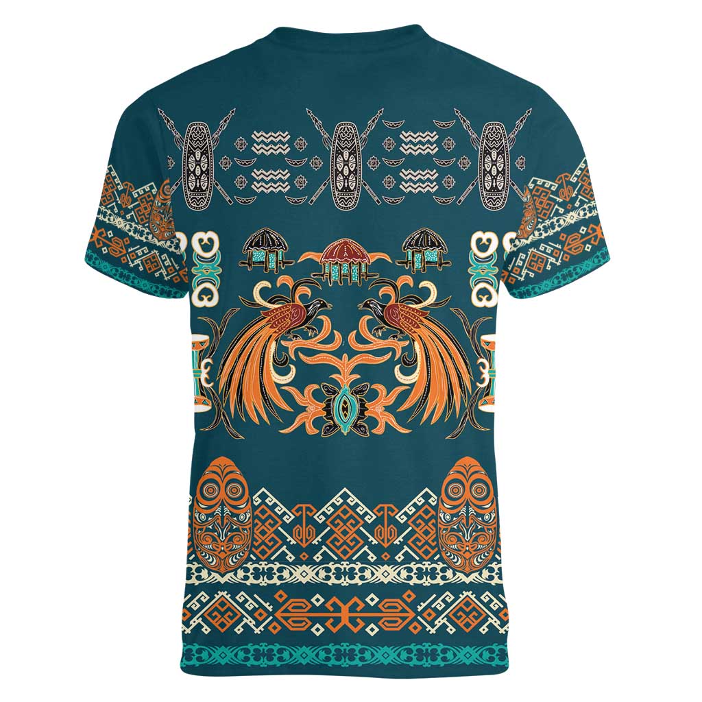 Dark Cyan Blue Batik Papua-inspired Pattern Women V-Neck T-Shirt - Polynesian Pride