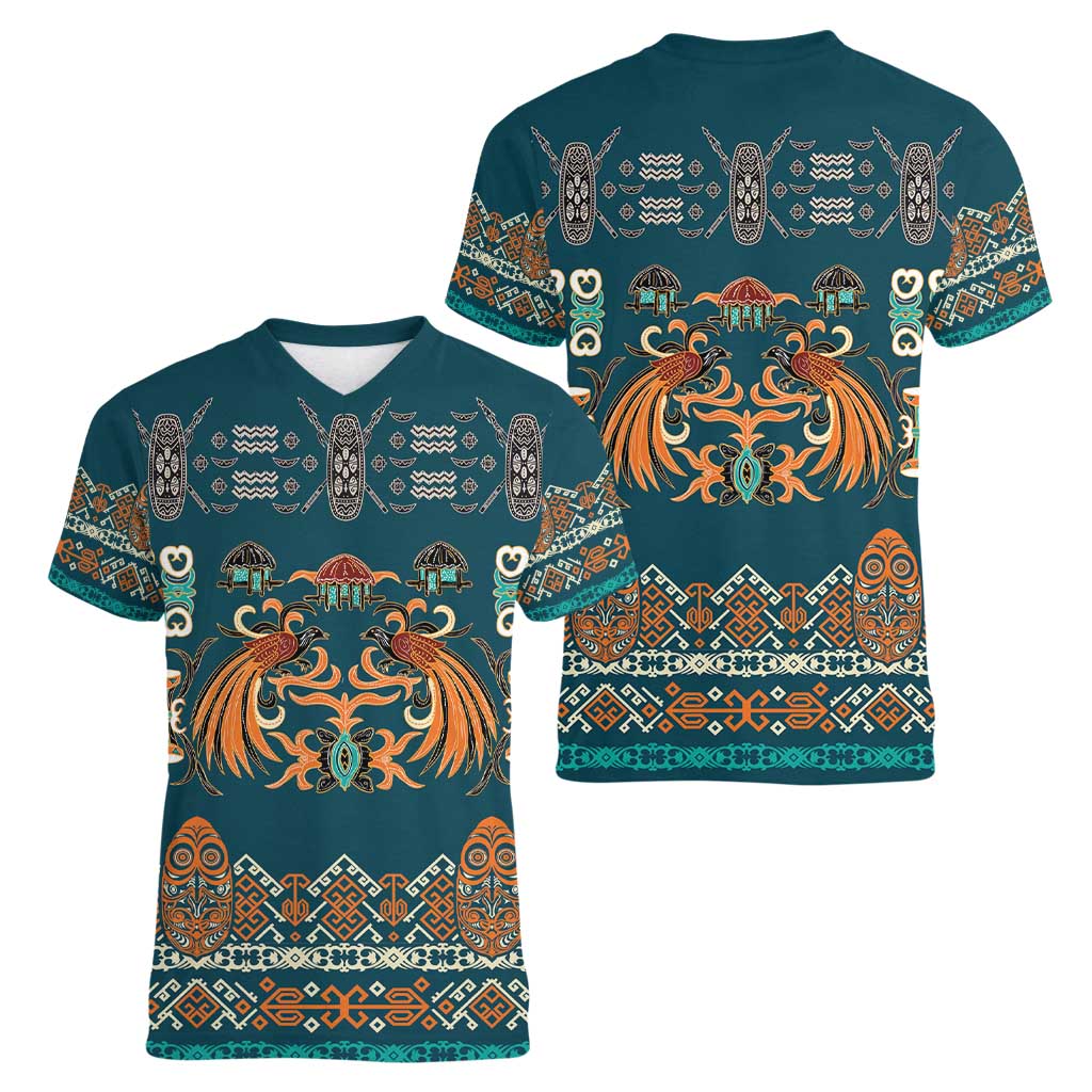 Dark Cyan Blue Batik Papua-inspired Pattern Women V-Neck T-Shirt - Polynesian Pride