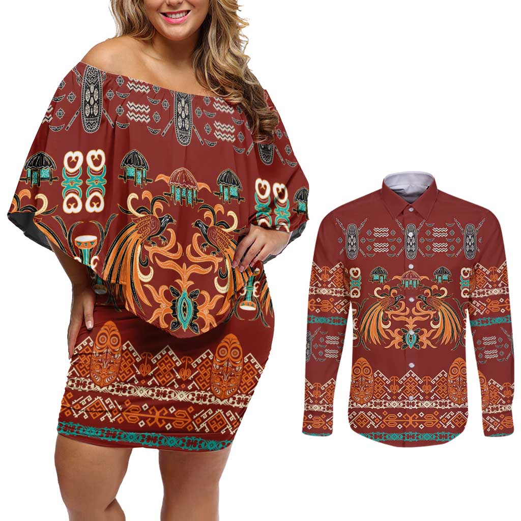 Oxblood Batik Papua-inspired Pattern Couples Matching Off Shoulder Short Dress and Long Sleeve Button Shirt - Polynesian Pride