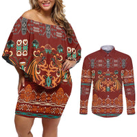 Oxblood Batik Papua-inspired Pattern Couples Matching Off Shoulder Short Dress and Long Sleeve Button Shirt - Polynesian Pride