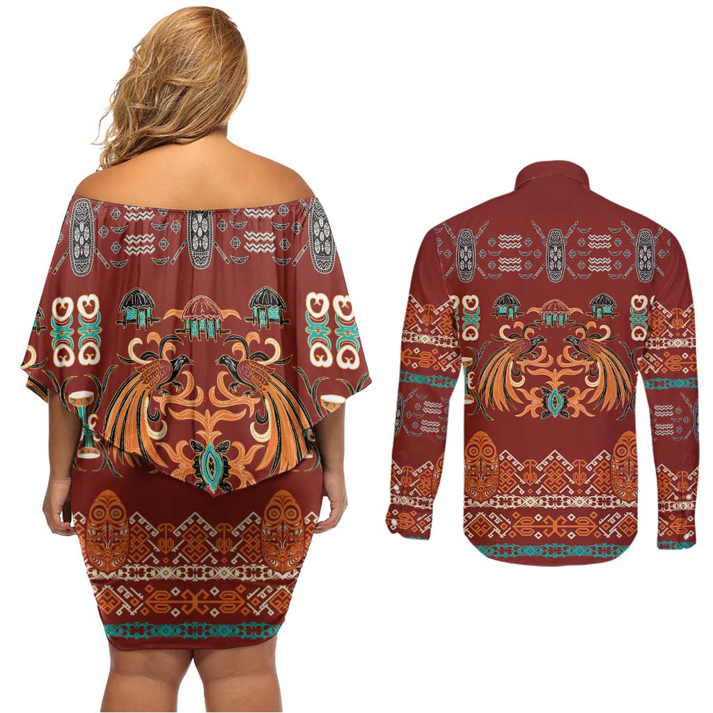 Oxblood Batik Papua-inspired Pattern Couples Matching Off Shoulder Short Dress and Long Sleeve Button Shirt - Polynesian Pride
