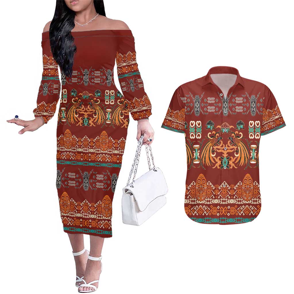 Oxblood Batik Papua-inspired Pattern Couples Matching Off The Shoulder Long Sleeve Dress and Hawaiian Shirt - Polynesian Pride
