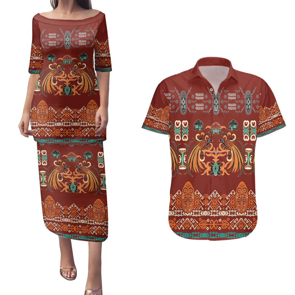 Oxblood Batik Papua-inspired Pattern Couples Matching Puletasi and Hawaiian Shirt - Polynesian Pride