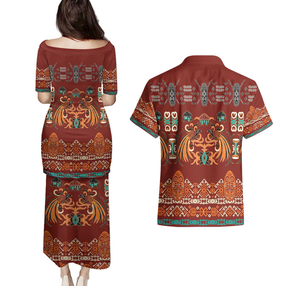 Oxblood Batik Papua-inspired Pattern Couples Matching Puletasi and Hawaiian Shirt - Polynesian Pride