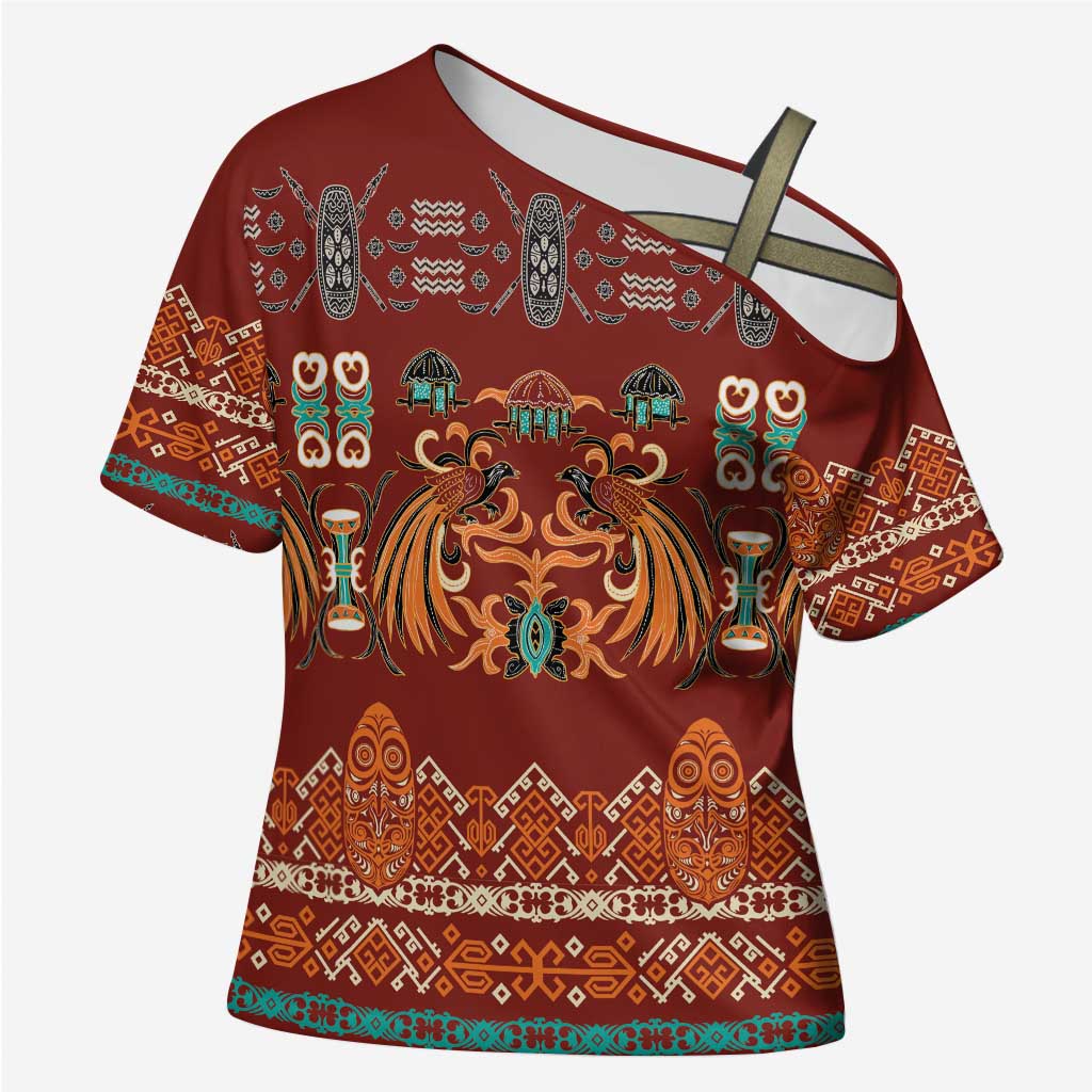 Oxblood Batik Papua-inspired Pattern Cross Shoulder Shirt - Polynesian Pride