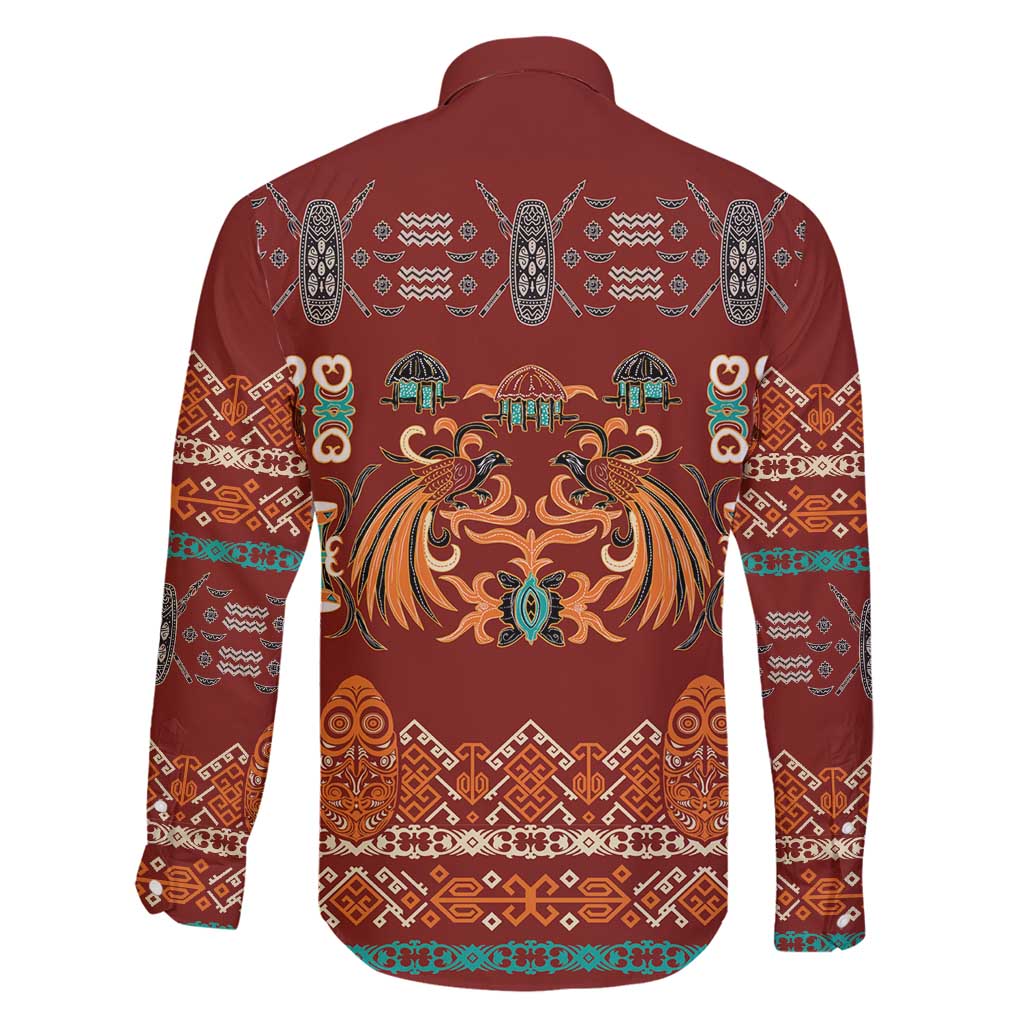 Oxblood Batik Papua-inspired Pattern Family Matching Long Sleeve Bodycon Dress and Hawaiian Shirt - Polynesian Pride