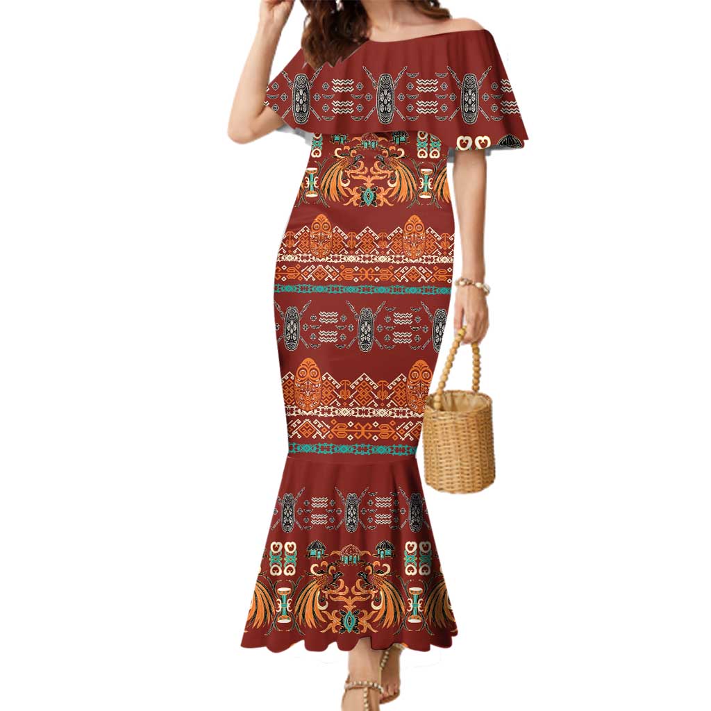 Oxblood Batik Papua-inspired Pattern Family Matching Mermaid Dress and Hawaiian Shirt - Polynesian Pride