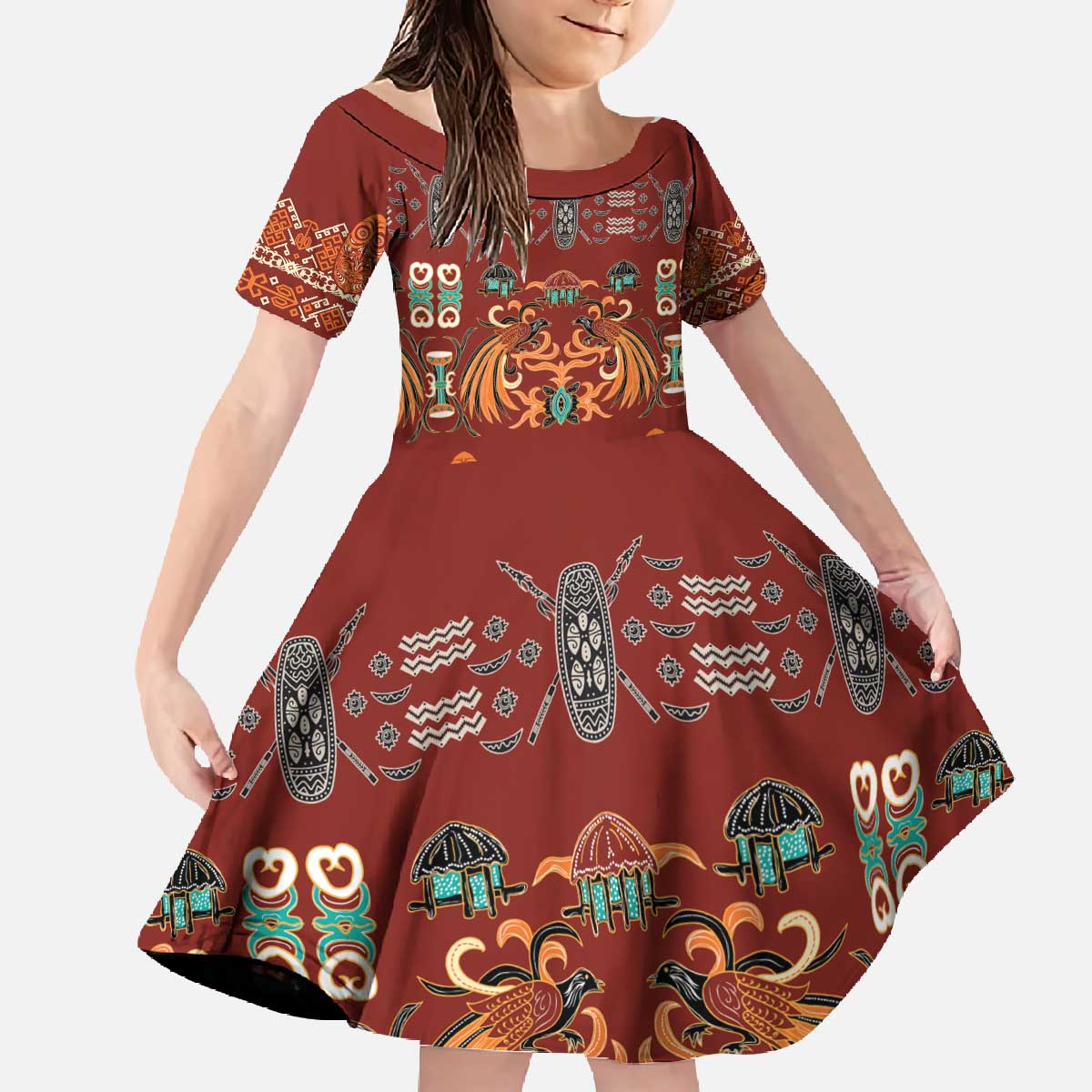 Oxblood Batik Papua-inspired Pattern Family Matching Off The Shoulder Long Sleeve Dress and Hawaiian Shirt - Polynesian Pride