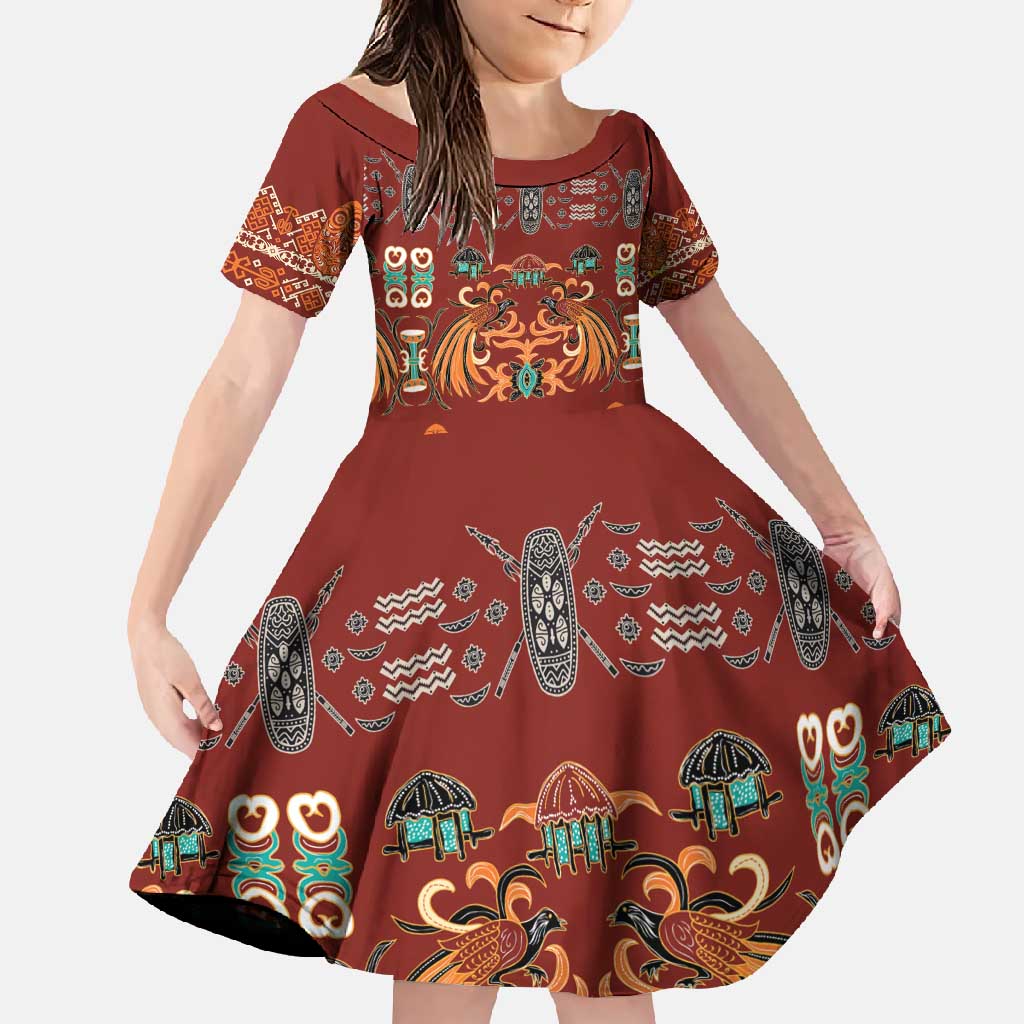 Oxblood Batik Papua-inspired Pattern Family Matching Off Shoulder Maxi Dress and Hawaiian Shirt - Polynesian Pride