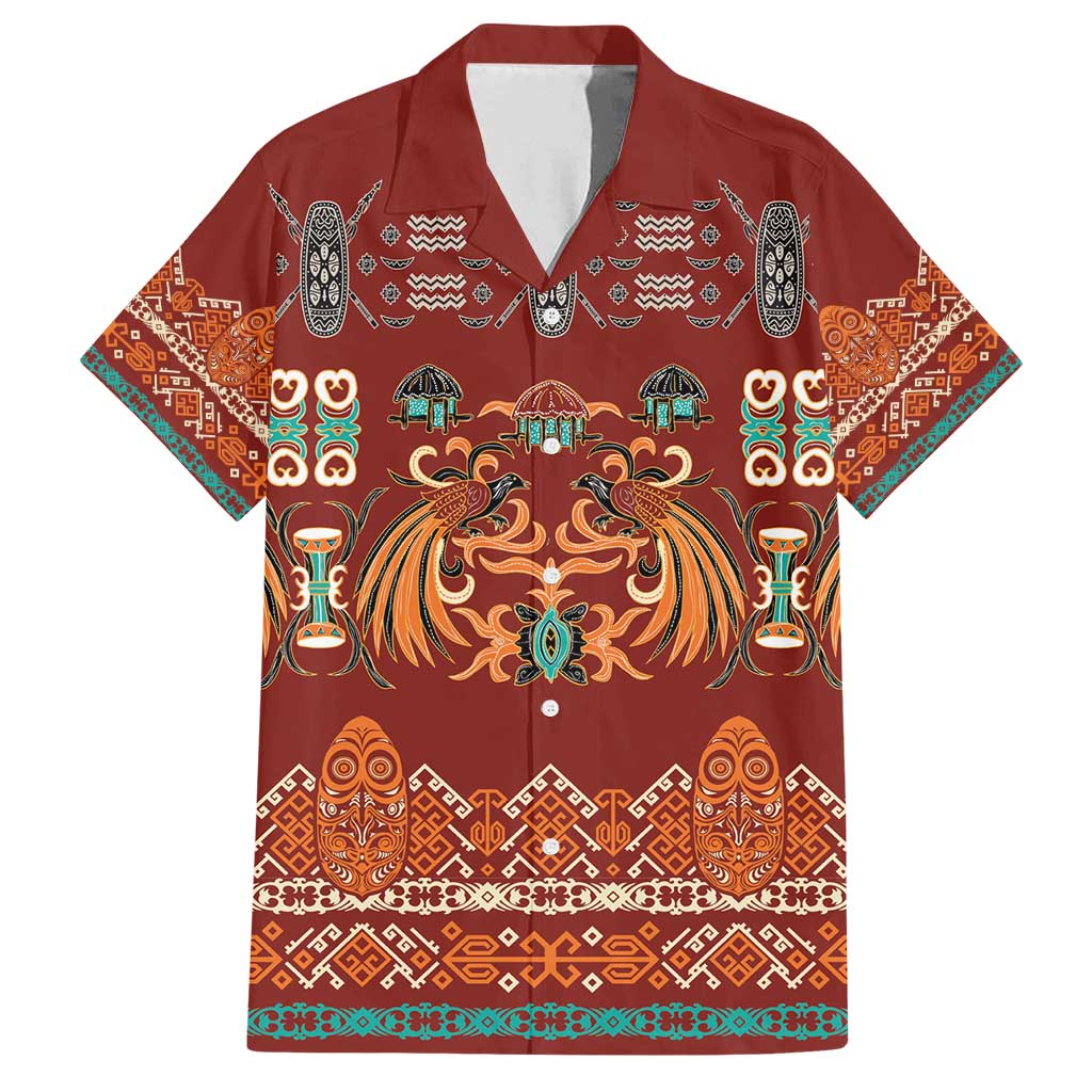 Oxblood Batik Papua-inspired Pattern Family Matching Off Shoulder Maxi Dress and Hawaiian Shirt - Polynesian Pride