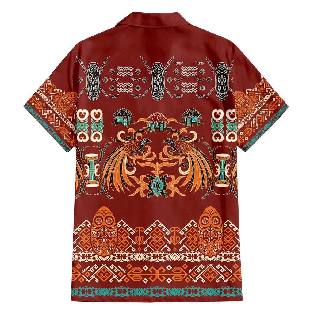 Oxblood Batik Papua-inspired Pattern Family Matching Off Shoulder Maxi Dress and Hawaiian Shirt - Polynesian Pride