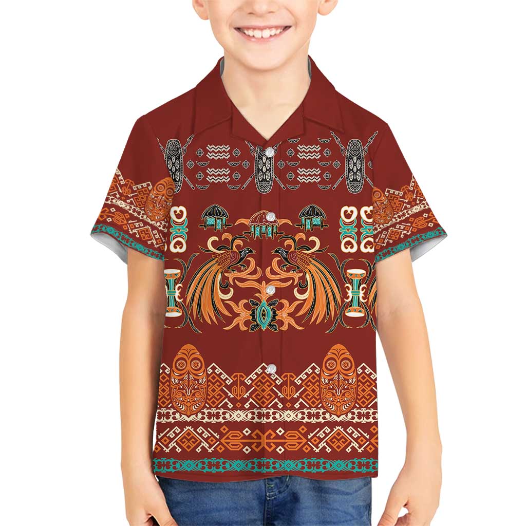 Oxblood Batik Papua-inspired Pattern Family Matching Off Shoulder Maxi Dress and Hawaiian Shirt - Polynesian Pride