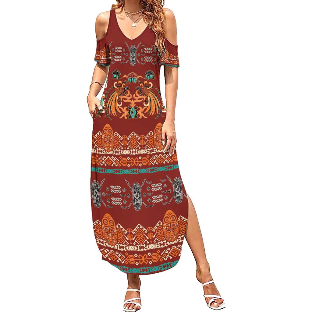 Oxblood Batik Papua-inspired Pattern Family Matching Summer Maxi Dress and Hawaiian Shirt - Polynesian Pride