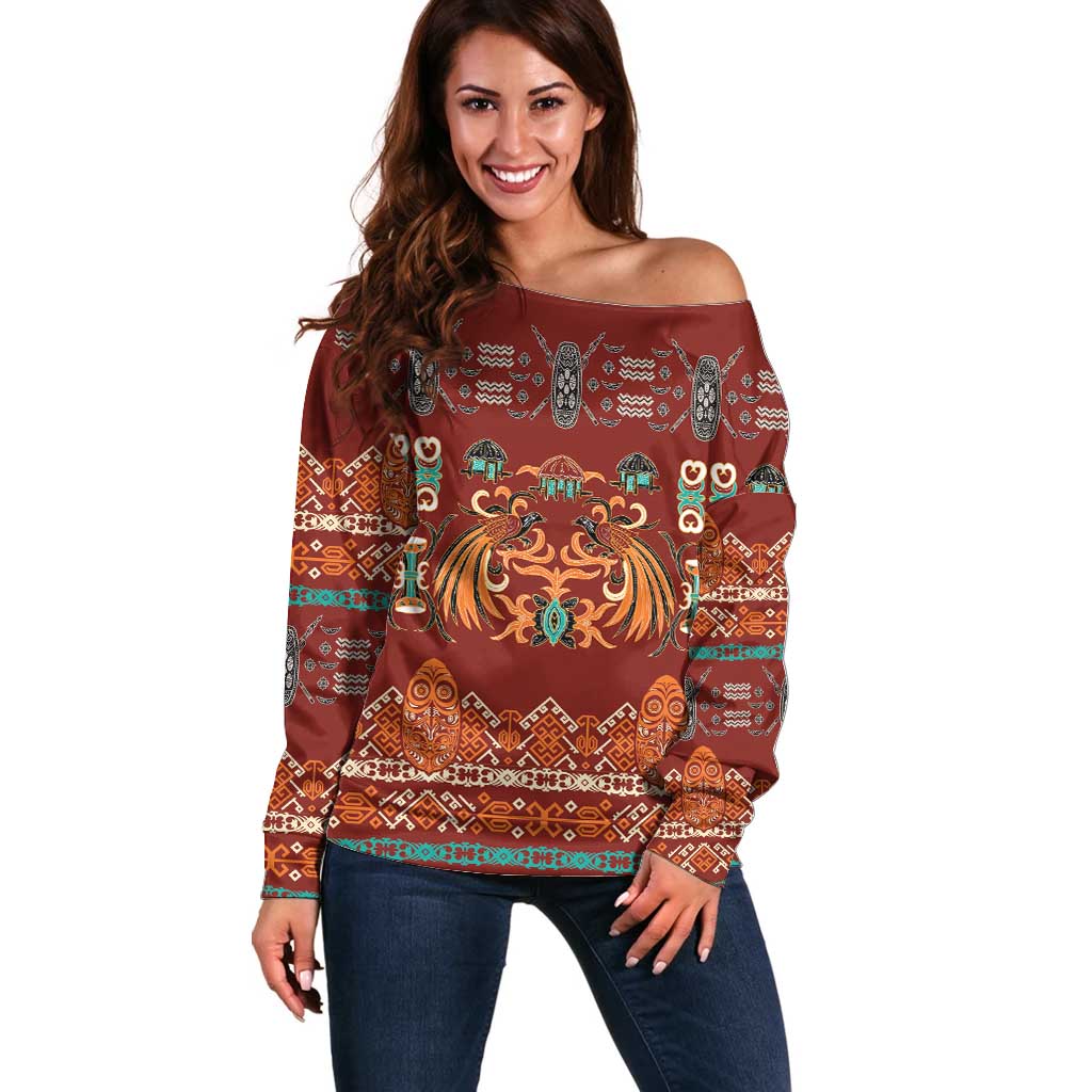 Oxblood Batik Papua-inspired Pattern Off Shoulder Sweater - Polynesian Pride