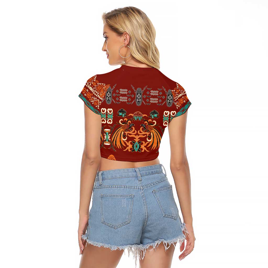 Oxblood Batik Papua-inspired Pattern Raglan Cropped T Shirt - Polynesian Pride