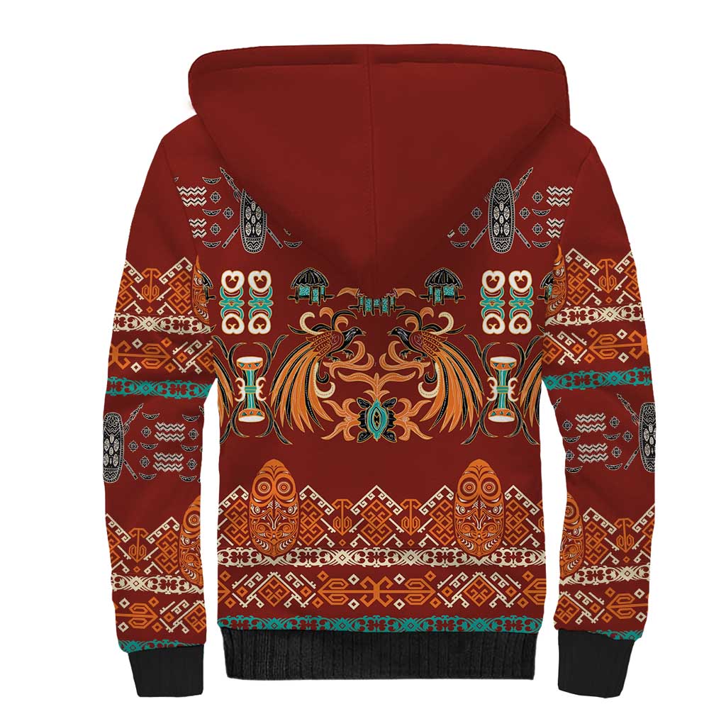 Oxblood Batik Papua-inspired Pattern Sherpa Hoodie - Polynesian Pride