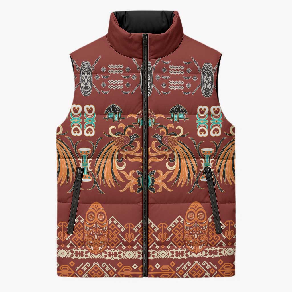 Oxblood Batik Papua-inspired Pattern Sleeveless Puffer Jacket - Polynesian Pride