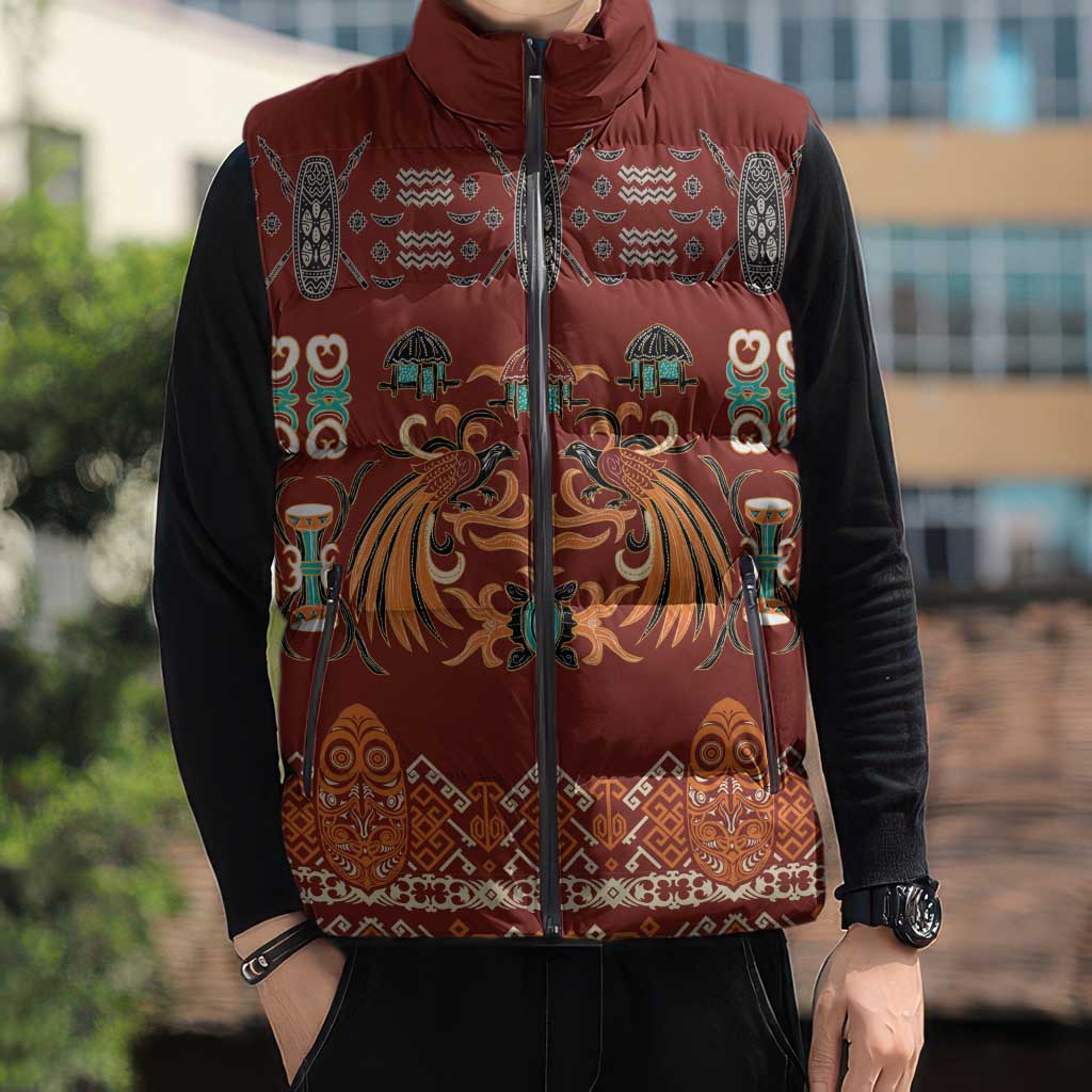 Oxblood Batik Papua-inspired Pattern Sleeveless Puffer Jacket - Polynesian Pride