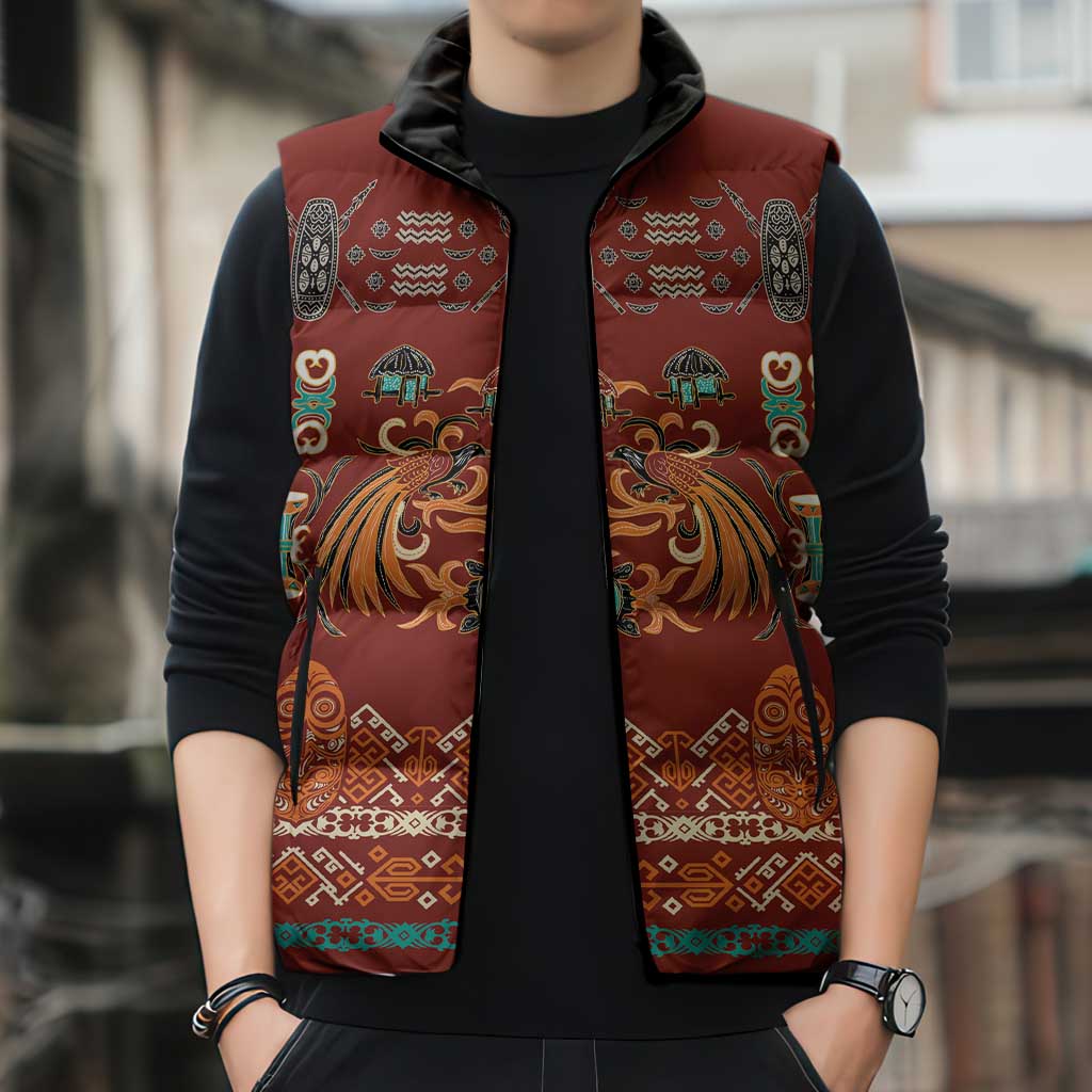 Oxblood Batik Papua-inspired Pattern Sleeveless Puffer Jacket - Polynesian Pride