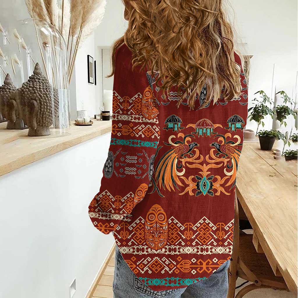 Oxblood Batik Papua-inspired Pattern Women Casual Shirt - Polynesian Pride