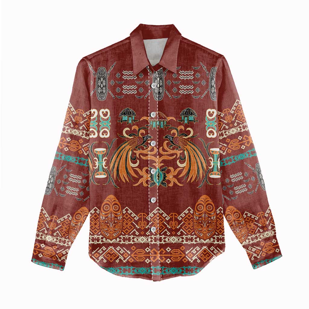 Oxblood Batik Papua-inspired Pattern Women Casual Shirt - Polynesian Pride