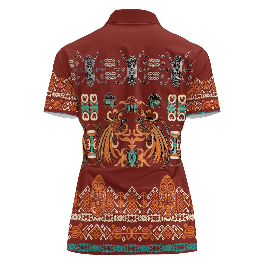 Oxblood Batik Papua-inspired Pattern Women Polo Shirt - Polynesian Pride