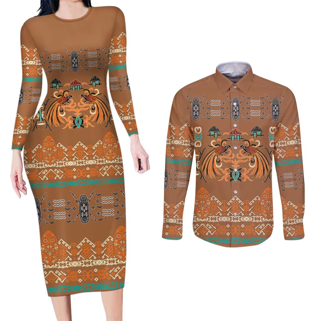 Terracotta Batik Papua-inspired Pattern Couples Matching Long Sleeve Bodycon Dress and Long Sleeve Button Shirt - Polynesian Pride