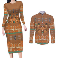 Terracotta Batik Papua-inspired Pattern Couples Matching Long Sleeve Bodycon Dress and Long Sleeve Button Shirt - Polynesian Pride