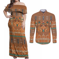 Terracotta Batik Papua-inspired Pattern Couples Matching Off Shoulder Maxi Dress and Long Sleeve Button Shirt - Polynesian Pride