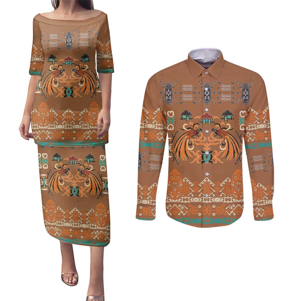 Terracotta Batik Papua-inspired Pattern Couples Matching Puletasi and Long Sleeve Button Shirt - Polynesian Pride