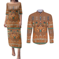 Terracotta Batik Papua-inspired Pattern Couples Matching Puletasi and Long Sleeve Button Shirt - Polynesian Pride