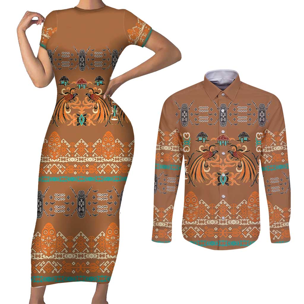 Terracotta Batik Papua-inspired Pattern Couples Matching Short Sleeve Bodycon Dress and Long Sleeve Button Shirt - Polynesian Pride
