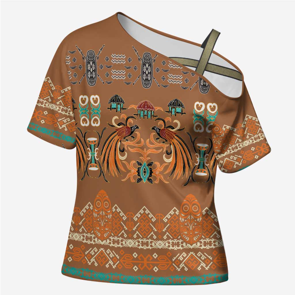 Terracotta Batik Papua-inspired Pattern Cross Shoulder Shirt - Polynesian Pride