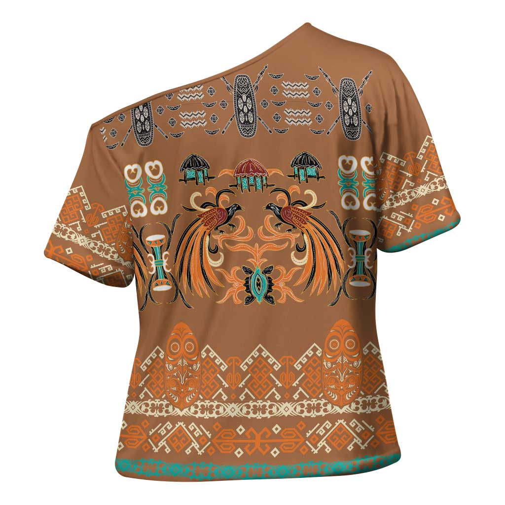 Terracotta Batik Papua-inspired Pattern Cross Shoulder Shirt - Polynesian Pride