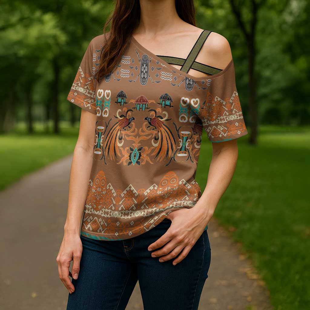 Terracotta Batik Papua-inspired Pattern Cross Shoulder Shirt - Polynesian Pride