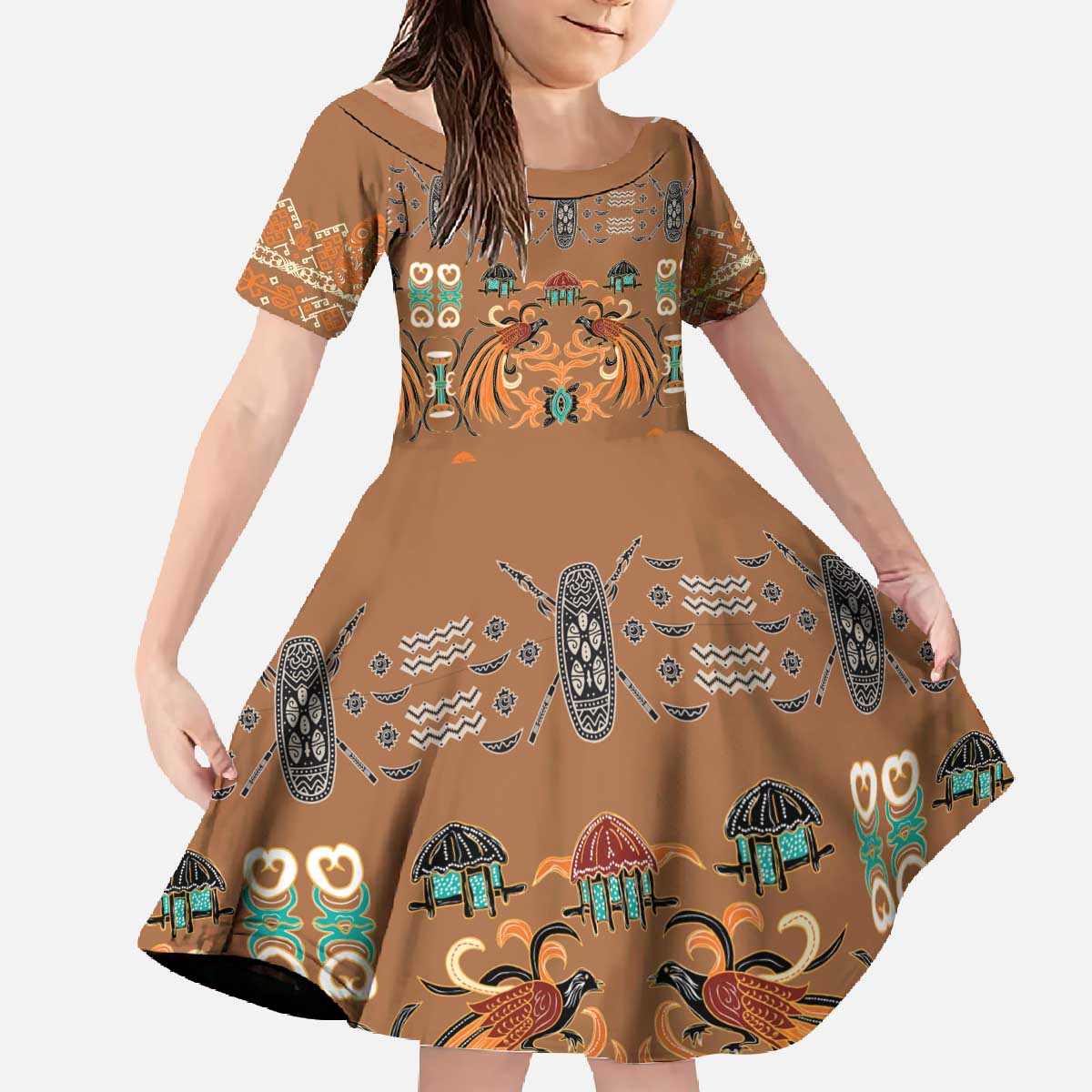 Terracotta Batik Papua-inspired Pattern Family Matching Off The Shoulder Long Sleeve Dress and Hawaiian Shirt - Polynesian Pride
