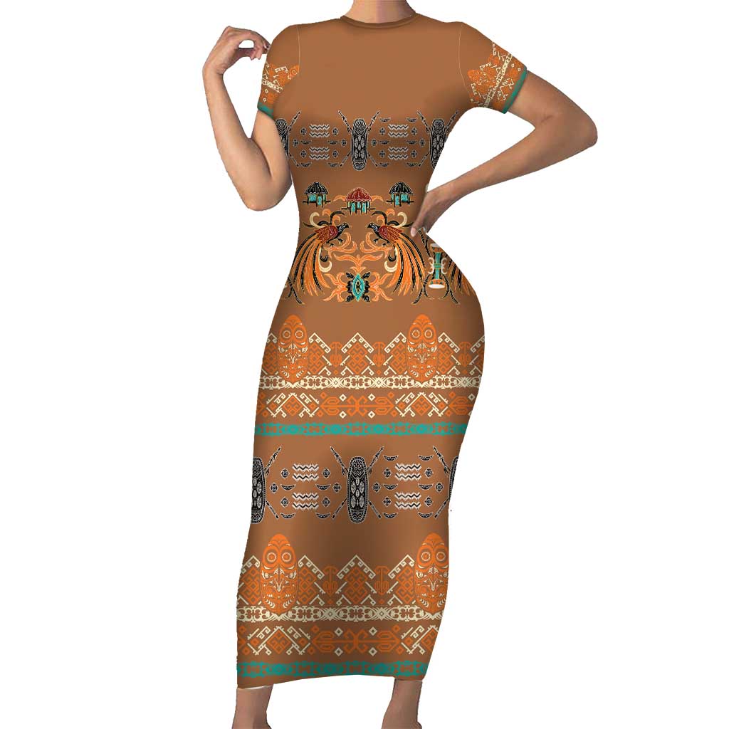 Terracotta Batik Papua-inspired Pattern Family Matching Short Sleeve Bodycon Dress and Hawaiian Shirt LT9 Mom's Dress Gold - Polynesian Pride